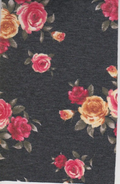 Pink Roses on Charcoal Double Brushed French Terry